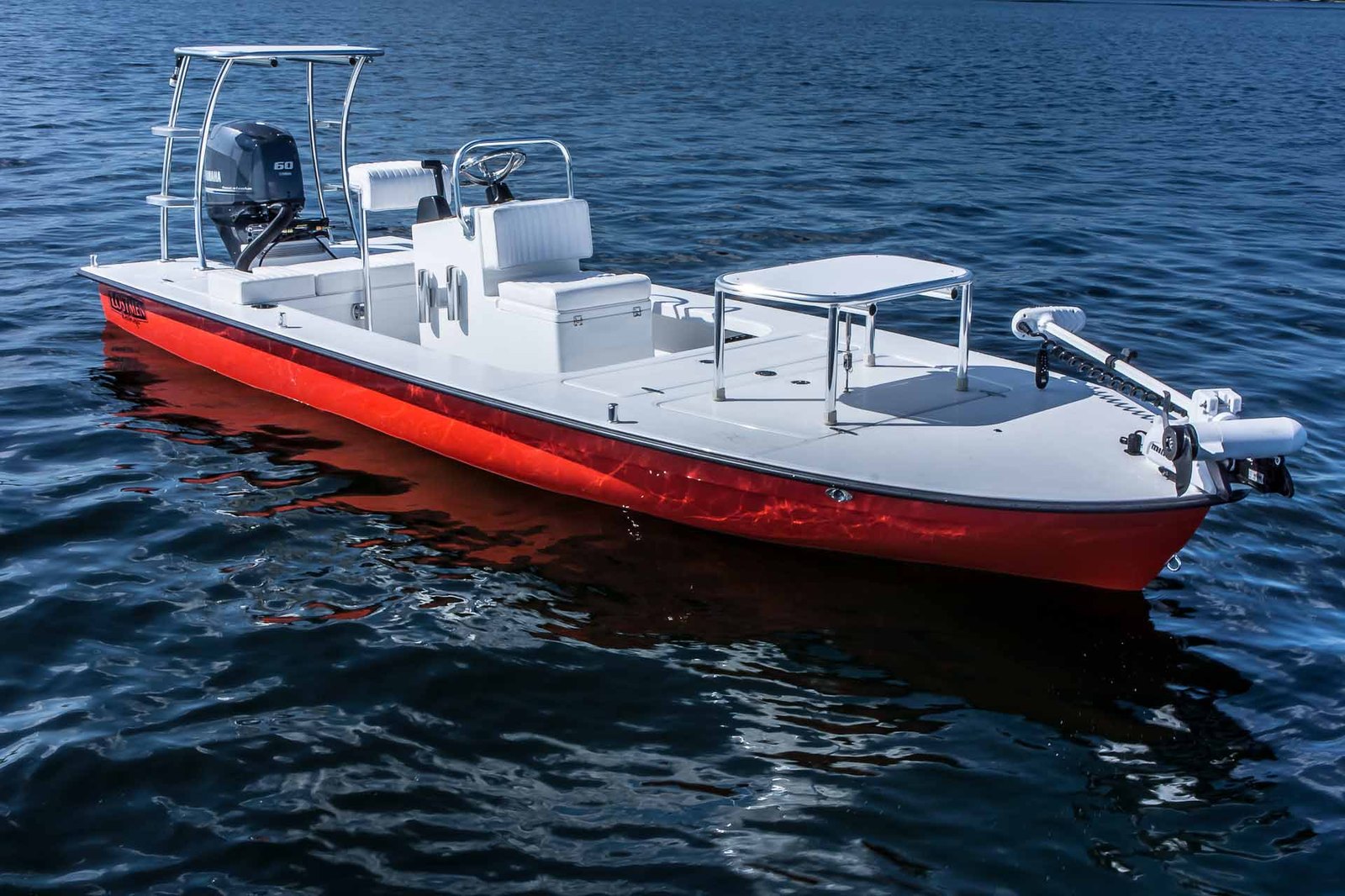 Lostmen in red — tower, Yamaha 60 and a bow-mounted trolling motor
