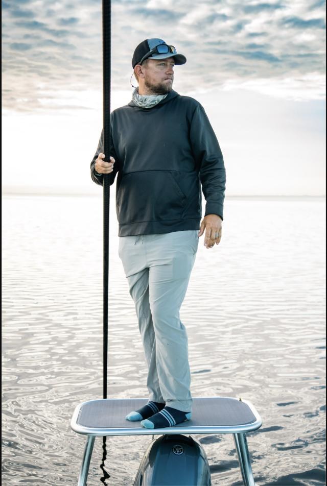 Tanner Severt on the poling platform at first light
